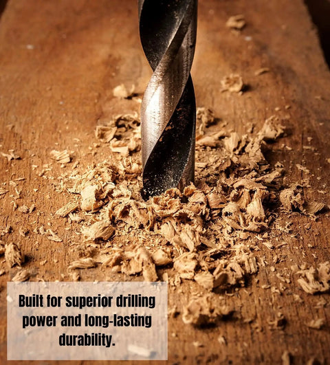 Close-up of Extra Long 12 Inch Brad Point Drill Bit Set For Wood With Titanium Coated High Speed Steel drilling wood shavings.
