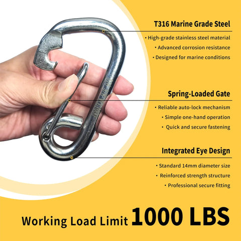 Heavy Duty Marine Grade Snap Hooks 2 Pack With Eye 316 Stainless Steel Carabiners For Boat Yacht Sailing Three Eighths Inch 2200 LBS Working Load Per Hook By RiaYer