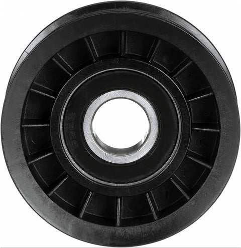 Front view of DriveAlign Belt Drive Idler Tensioner Pulley Replacement for Cars and SUVs in beefy steel and thermoplastic build.