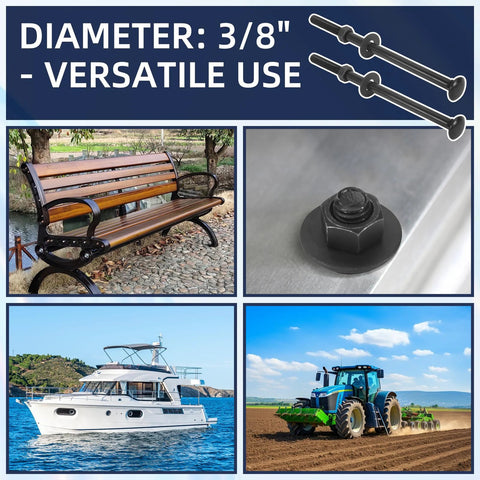 AiVeUao 50-set galvanized carriage bolt kit, 3/8x6 in, with 50 nuts and 50 washers; collage of bench, boat, tractor.