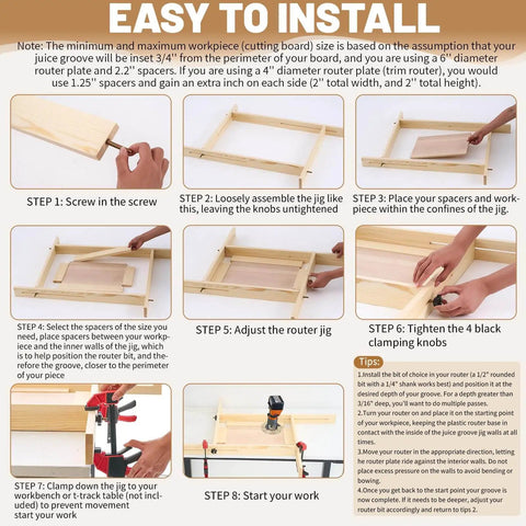 Installation steps for Juice Groove Router Jig With 8 Spacers, Adjustable Groove Guide For Cutting Boards Up To 22 X 29 Inches