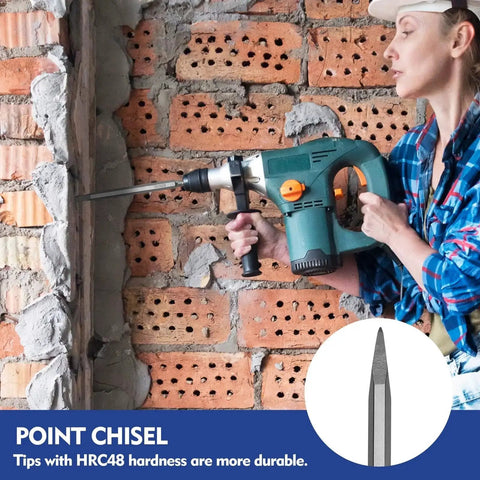 Person using a rotary hammer with point chisel for brick wall work, part of 17 Piece SDS Plus Rotary Hammer Drill Bit And Chisel Set With Storage Case By Workpro Heavy Duty Carbide Tipped Masonry Bits For Concrete Stone And Brick Includes 12 Drill Bits In Four Lengths Two Point Chisels And Three Flat Chisels