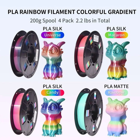 Shiny Rainbow PLA Filament Bundle For 3D Printing, 1.75mm, 200g Per Spool, 4 Spools Included, Color Changing Multicolor Filament Set