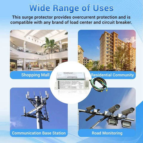 Whole House Surge Protector With 140,000 Amps For 120 And 240V Homes, Beefed Up Surge Protection Device With Lightning Protection To Guard All Circuits, Easy Install, Reliable Home Electrical Safety Upgrade displayed with usage examples in shopping mall, residential community, communication base station, road monitoring applications.