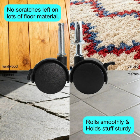 4 Pack M8 Grip Neck Stem Caster Wheels 1.5 Inch Swivel Castors with Locking Brakes on various floor types, hardwood and carpet.