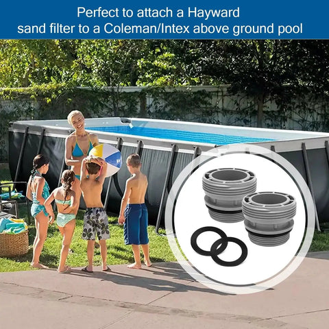 Pool Hose Adapter Kit 40mm To 1.5 Inch For Above Ground Pools, 2 Pack Grey adapters displayed beside an outdoor pool setup