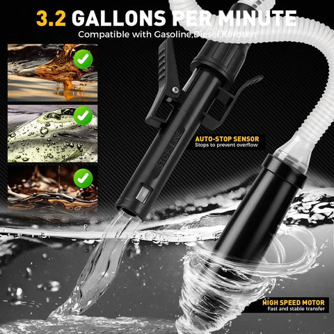 Battery Powered Fuel Transfer Pump No Spill Portable Gas Can Siphon Pump With Auto Stop Safety 3.2 GPM with adapters and hose