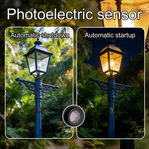 Comparison of street lamp with Dusk To Dawn Outdoor Light Sensor Switch 120V Weatherproof Photocell showing auto shutdown and startup