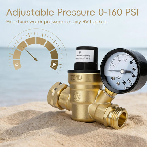 TONDA RV water pressure regulator with brass body, built-in gauge, and inlet screen filter