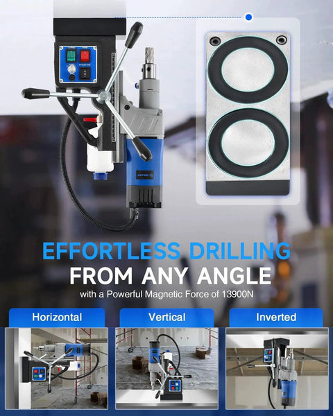 Image of Beast 1550W Magnetic Drill Press showing horizontal, vertical, and inverted drilling capabilities with 13000N magnetic hold.