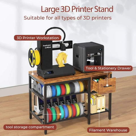 All In One 3D Printer Workstation With Filament Storage, Metal Table, Drawer, And Power Hub For Workshop, Studio, Or Office