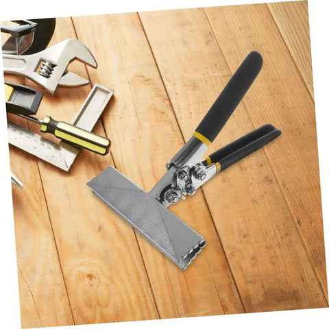 Metal Bending Pliers 150mm Flat Plate Jaw HVAC Hand Seamers for roofing, with ergonomic non-slip handles on wooden background