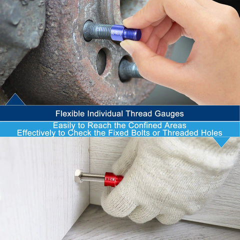 Person using 44 Piece Nut And Bolt Thread Checker Set Pro Grade Standard And Metric Thread Gauge Kit to check fixed bolts.