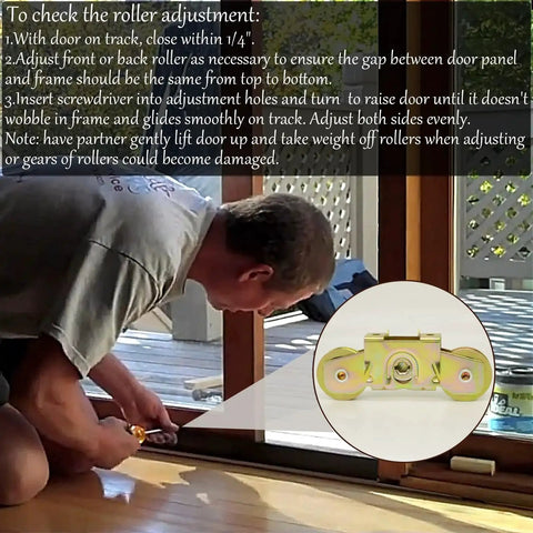 Patio Sliding Door Rollers Replacement Assembly For Gliding Patio Doors One And A Quarter Inch Tandem Steel Ball Bearing Wheels Part 1997061 2 Pack being installed