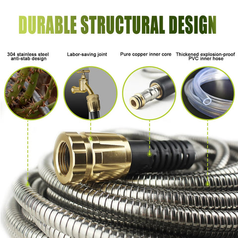 Amazon 50ft metal garden hose, stainless steel, yellow finish, brass connectors, 10-function nozzle.