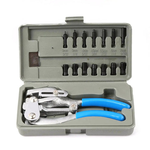 Heavy Duty Handheld Power Punch Kit With Compound Lever For Sheet Metal, Seven Hole Sizes, tool case, durable metalworking tool