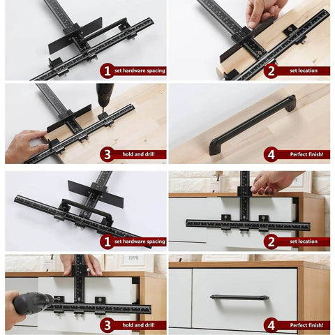All Aluminum Cabinet Hardware Jig Tool Adjustable Drill Guide Template For Installing Doors Drawers Knobs Handles And Pulls Heavy Duty Aluminum Alloy Construction With Replaceable Bushings For Precision Drilling Pro Grade Do It Yourself Friendly shown in use as step-by-step drilling guide.