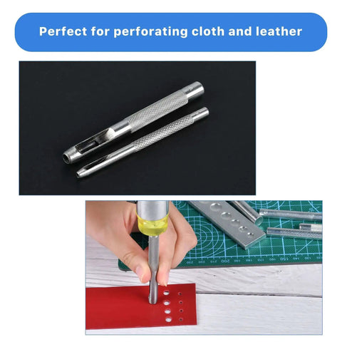 14-Piece Rivet Setter Kit For Leather Work shown with tools on black background and a hand using punch on red leather sheet