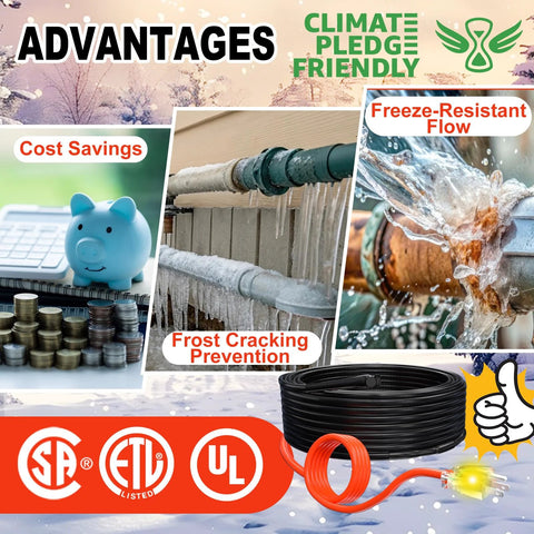 HEATIT heating cable for water pipes, 6 ft length, 7 W/ft, 120V, black heat tape with orange power cord, CSA/ETL/UL logos