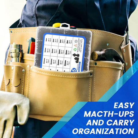 Person with tool belt holding Massive 1705 Piece Machine Screw Kit With Metric Bolts M2 M3 M4 M5 Nuts Lock Washers in case