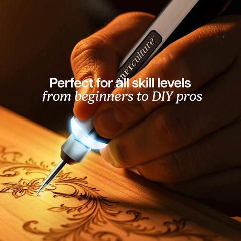 Close-up of engraving pen for metal, wood, glass, plastic, and all materials with bright LED light engraving intricate wood design.