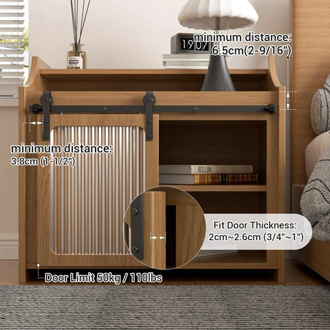Sliding Barn Door Hardware Kit For Closet And Cabinet, 4 Ft Track System, shown on wooden cabinet, carbon steel, frosted black finish
