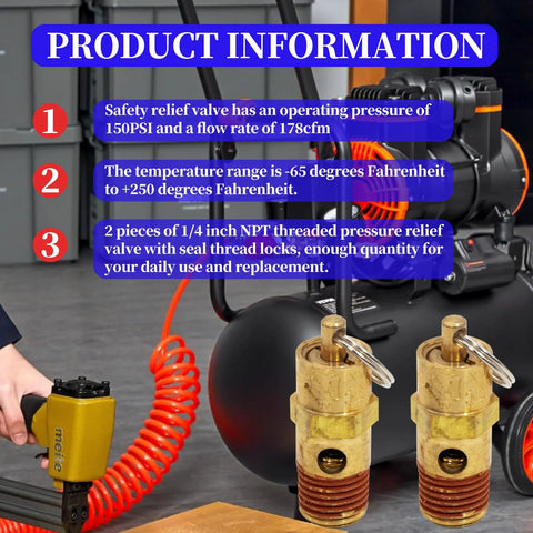 Two brass 1/4 inch NPT safety relief valves for air compressors; 150 PSI, front view.