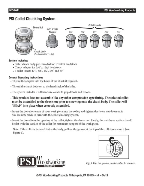 Diagram and parts list for LCDOWEL Dowel Collet Chuck System for precision gripping in woodturning projects.