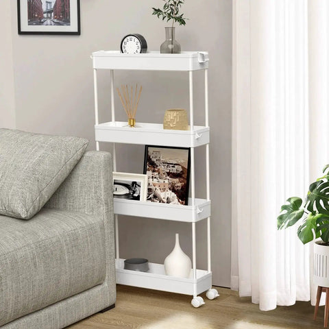 Slim 4 Tier Storage Cart With Rolling Wheels And Narrow Profile For Tight Gaps Between Furniture And Appliances in a living room corner
