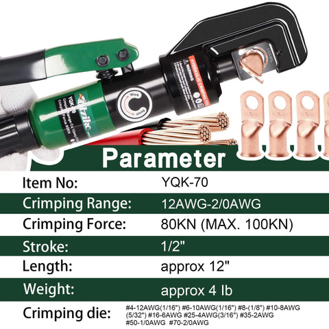 Hydraulic Cable Lug Crimper Kit 10 Ton Crimp Tool For 12 AWG To 00 AWG Electrical Terminals with 9 Die Sets and Specifications
