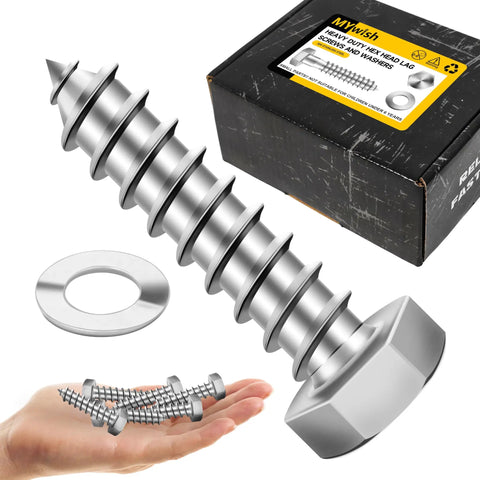 304 Stainless Steel Lag Bolts Kit Three Eighths Inch By One And One Half Inch With Flat Washers And Hex Socket Heavy Duty Wood Fasteners For Wood To Heavy Materials Construction And Outdoor Projects 50 Pieces Bright Finish