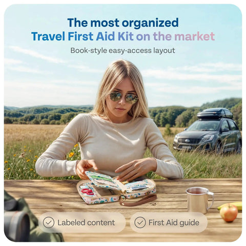 Woman using Travel First Aid Kit For Car Home Hiking Camping And Outdoor Emergencies TSA Approved Travel Size Compact And Organized Essentials outdoors.