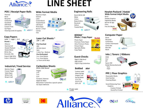 Infographic of Alliance products including Perforated Laser Cut Paper Sheet For Remittance And Forms, 8.5 X 11 Inches, 20 Lb, 92 Bright.
