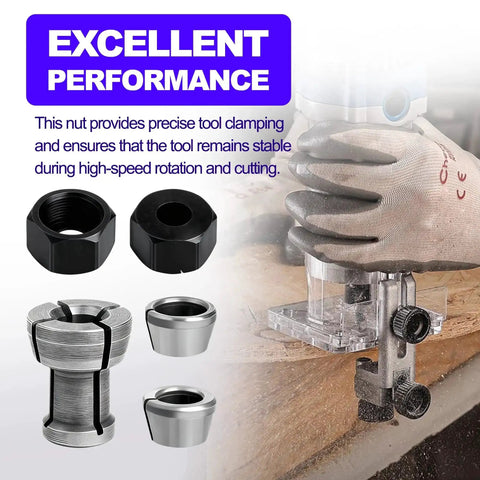Collet Nut Kit Replacement for Makita Tools fits one quarter inch and 6mm collets in use with router, highlighting excellent performance.