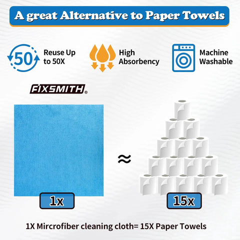 Ultra Absorbent Microfiber Cleaning Cloths Pack Of 12 For Cars And Home, Lint Free Scratch Free Towels next to paper towel rolls.