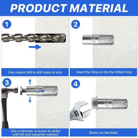 Assortment Of Concrete Anchors 60 Pcs Zinc Plated Carbon Steel Drop In Anchors For Concrete And Drywall Expansion Bolts In Four Sizes One Quarter Inch Five Sixteenth Inch Three Eighth Inch One Half Inch installation steps with tools and anchors