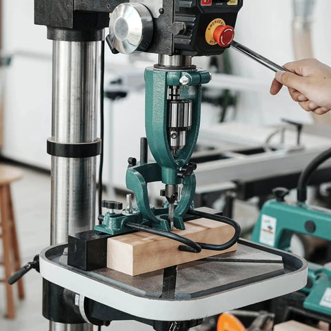 Mortising Attachment Kit For Drill Press And Woodworking Pros With Locator, Press Block, Side Positioning Rod in use on drill press