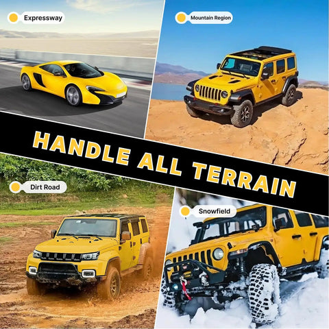 Four images showing vehicles on various terrains: expressway, mountain region, dirt road, and snowfield. Yellow SUVs dominate.