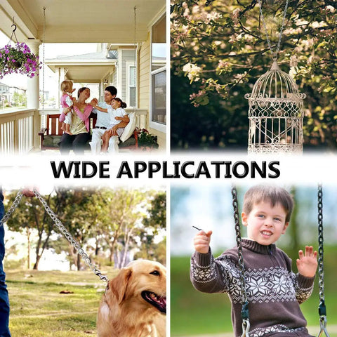 304 Stainless Steel Heavy Duty Link Chain For Hanging Safety And Anti Theft shown with porch swing, birdcage, dog, and child swing applications