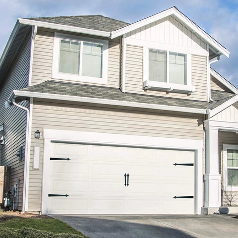 House with white garage door featuring Steel Garage Door Decorative Hinges, Handles And Accents Hardware Kit with black finish.