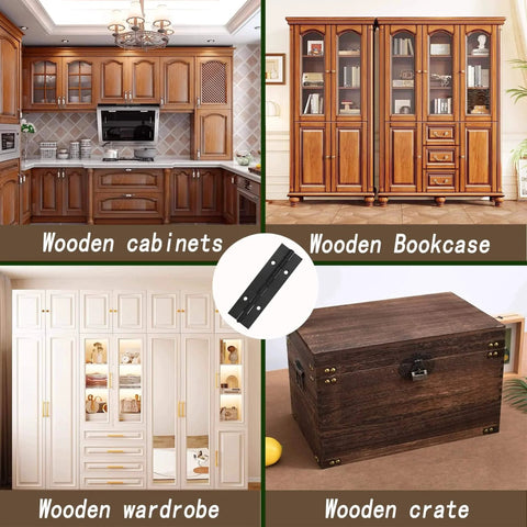 Wooden cabinets, bookcase, wardrobe, and crate using Six Pack Continuous And Piano Hinges For 4 Inch Openings In Black 304 Stainless Steel.