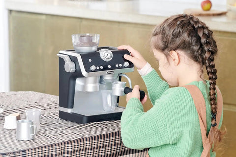 Front view of Casdon De'Longhi toy coffee machine for kids in black and silver.