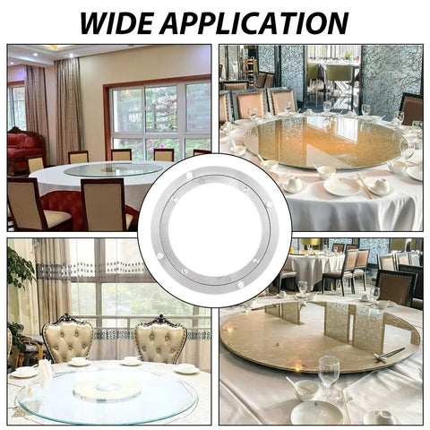 Two Pack 8 Inch Aluminum Lazy Susan Turntable Bearings Built To Last Heavy Duty Swivel Plate Hardware For Dining Tables All Metal Rotating Turntable Bearings Rust Resistant Durable For Wood Glass Marble Surfaces shown in dining settings