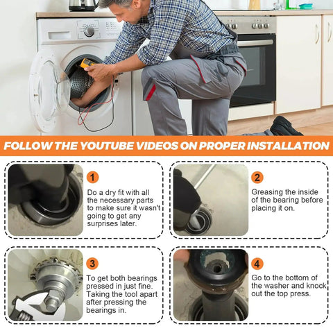 Tutorial steps for Washer Tub Bearing Installation And Removal Tool For Whirlpool Cabrio Maytag Bravos XL And Kenmore Elite washers