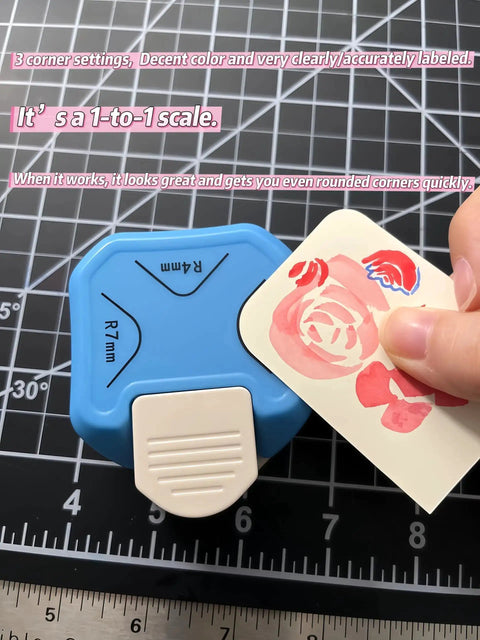 Corner Rounder Punch 3 In 1 R4mm R7mm R10mm for crafting displayed on cutting mat with floral card example