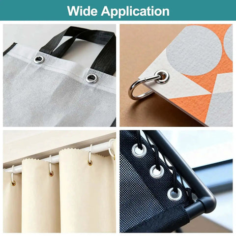 Wide application of 3/8 Inch Grommet Tool Kit with Magnetic Punch for installation on fabric bags, books, curtains, and tarps.