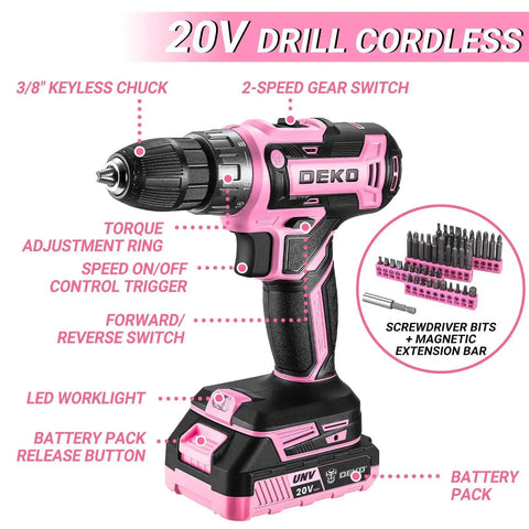 20V Cordless Drill Kit With Driver And Tool Box Battery Included For DIY Projects Home Renovations And Quick Fixes, pink design