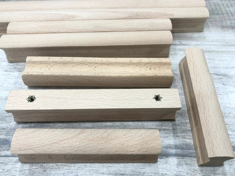 Six Unfinished Beech Wood Furniture Pull Handles Set For Cabinets And Drawers, Unpainted Paintable Wooden Pulls, 5.12 Inch Length