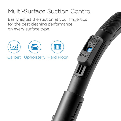 Bagless canister vacuum cleaner with multi-surface suction control on the handle for carpet, upholstery, hard floors.