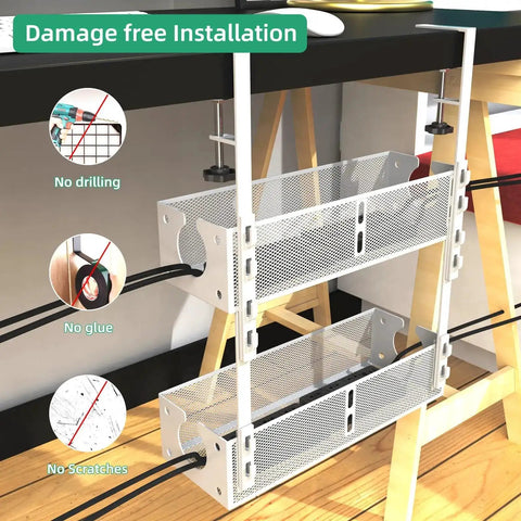 Dual Pack Under Desk Cable Management Tray Set with metal clamp mounts for easy no tools required installation displayed on white desk